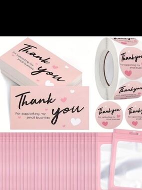 600pcs Pink "Thank You" Stickers,Cards and Bags Bundle